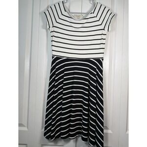 LOFT Dress‎ Small Black White Stripe Fit & Flare Cap Sleeve Stretch Casual